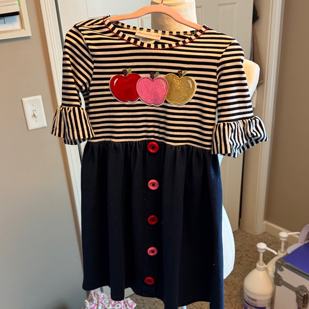 Bonnie Jean Black and White Striped Dress with Apple Appliqués